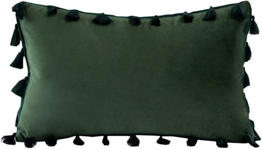vctops Velvet Soft Solid Decorative Throw Pillow Cover with Tassels Boho Accent Cushion Case for Couch Bedroom Car Dark Green 12''x20''