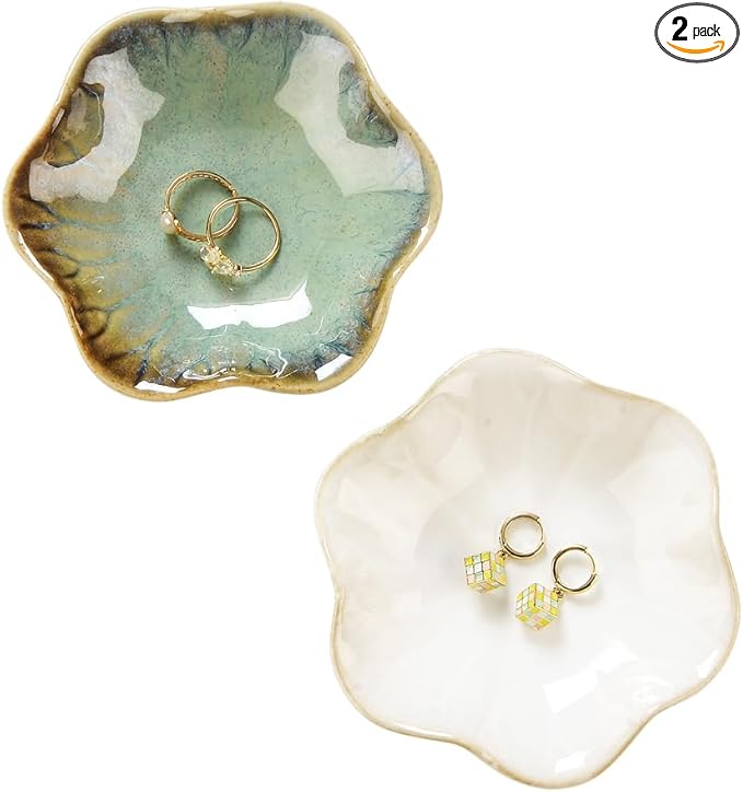 2PCS Lotus Leaf Shape Ring Holder Dish, Small Key Bowl, Ceramic Trinket Tray Jewelry Dish Organizing Necklace Earrings for Mom Friend Sister, All Jewelries Are NOT Included.White+Crystal Green.