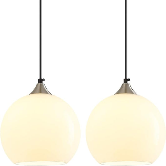 Milky Luster Glass Pendant Lights Kitchen Island Globe Pendant Light Fixtures Modern Pendant Lighting for Bedroom Living Dining Room Light Fixture (7.87 in, 2 Pack)