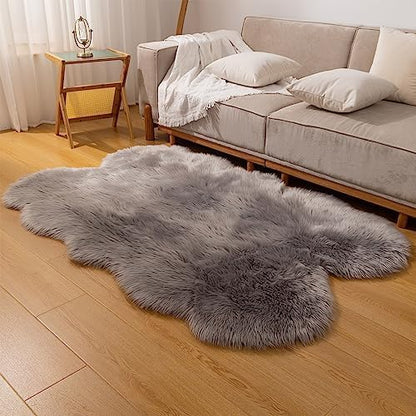 Fluffy Faux Fur Rug Grey Sheepskin Area Rug,4x6 Ft Ultra Soft Shaggy Plush Rug for Bedroom Bedside Living Room Nursery Kids Room