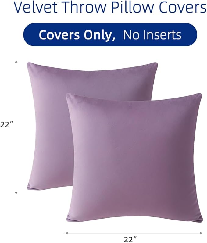 QUORGVES Light Purple Velvet Pillow Covers 22x22 Inch Set of 2, Soft Solid Decorative Square Throw Pillow Covers, Decor Cushion Covers for Bed Sofa Couch Bedroom Living Room - Mauve