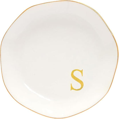 Ceramic Jewelry Tray Initial Ring Dish Personalized S-Monogrammed Engagement Wedding Gifts, for Birthday Mother's Day Christmas for Women, Ceramic White 4.75" (S)
