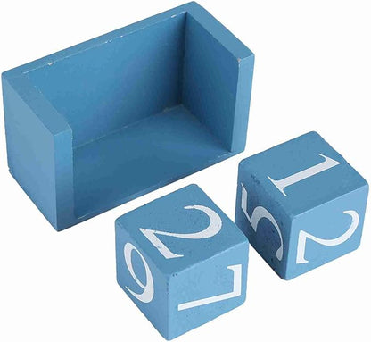 Perpetual Wooden Block Calendar, Desktop Vintage Style Mini Month Date Time Display, Home Office Decoration with 2pcs Dices, Blue, Black Wood with 12 Month Blocks (Blue)