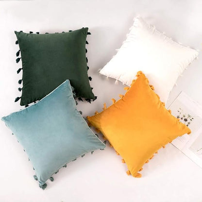 vctops Velvet Soft Solid Decorative Throw Pillow Cover with Tassels Boho Accent Cushion Case for Couch Bedroom Car Aqua Green 18''x18''