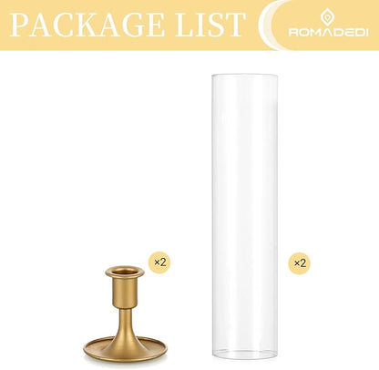 Romadedi Hurricane Candlestick Holders Gold - Taper Candle Holders Tall Clear Glass Cylinder for Wedding Table Centerpieces Party Decor Birthday Christmas Home Decorations Set of 2