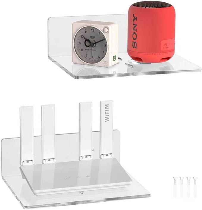 7x9 Inch Transparent Acrylic Shelf with Ventilated Base - Ideal for Routers, Speakers, Cameras & Small Electronic Devices Clean Floating Shelf for Wall Display,Living Room, Kitchen, Bathroom