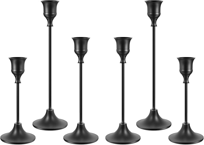 Set of 6 Black Candle Holders for Taper, Vintage Candlestick Holder Decorative Metal Candle Sticks Home Decor Centerpieces for Table Mantel Festive Decorations