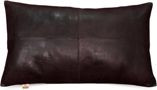 100% Lambskin Leather Pillow Cover - Sofa Cushion Case - Decorative Throw Covers for Living Room & Bedroom, 18x26 Inch - Dark Brown Crunch Plain Pack of 2