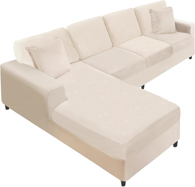 NAISI Sectional Couch Covers 8 Pieces Velvet Couch Cushion Covers L Shape Soft Stretch Sofa Slipcovers with 2pcs Pillowcases for Left/Right Chaise Sectional Couch(3 Seater+1 Chaise+4 Back,Beige)
