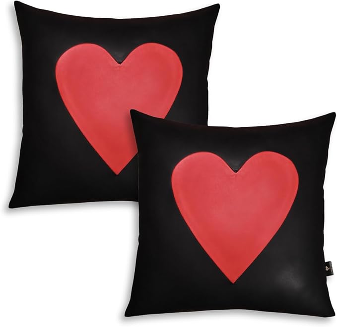 LL LEATHER LOVERS Genuine Lambskin Leather Pillow Cover, 14x14 Inch Case for Lumbar Throw Couch Pillows, Thick & Soft Cushion Covers for Sofa Bed Home Décor (Red Heart & Black Plain Pack of 2)