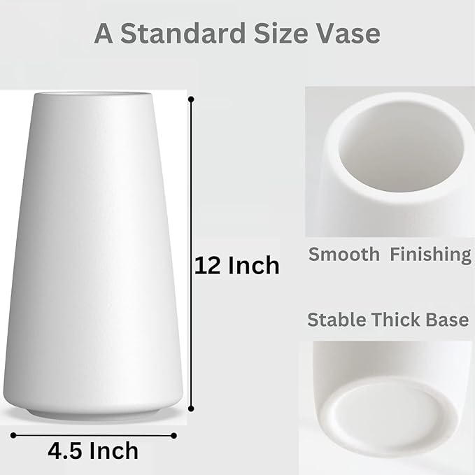 12 Inch Tall Premium Quality Ceramic Vase | Flower Vase for Home Decor | Farmhouse Decor, Desk Decor, Modern Decor, Aesthetic Room Decor, White Vase for Bohemian Decor, Pampas Vase, White