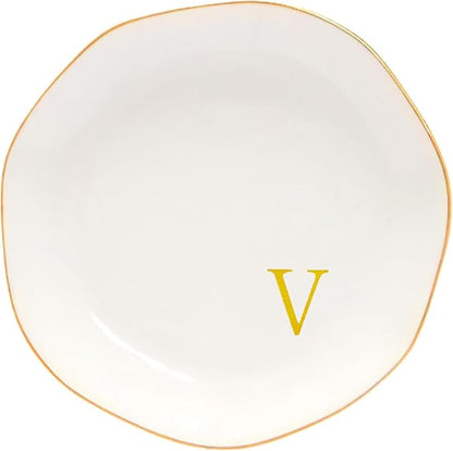 Ceramic Jewelry Tray Initial Ring Dish Personalized G-Monogrammed Engagement Wedding Gifts, for Birthday Mother's Day Christmas for Women, Ceramic White 4.75" (V)