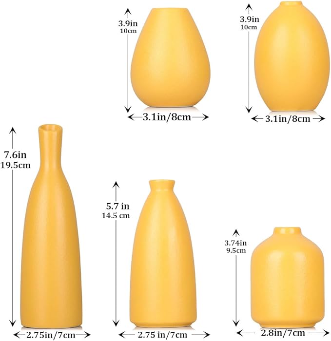 Yellow Ceramic Bud Vases Set of 5, Farmhouse & Fireplace Decor, Multipurpose Home Decoration for Living Room, Entrance, Bathroom, Kitchen & Office, Coffee Table Decor, Bulk Bud Vases
