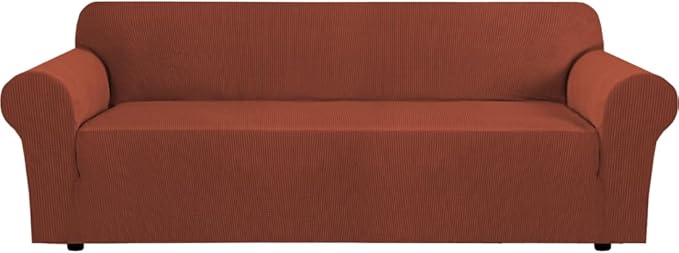 H.VERSAILTEX Stretch Couch Covers for Sofa 1 Piece Slipcovers for Couches and Sofas 3 Seater Couch Cover Feature Thick Checked Jacquard Fabric with Elastic Bottom(Large Sofa 90"-100" Wide, Rust)