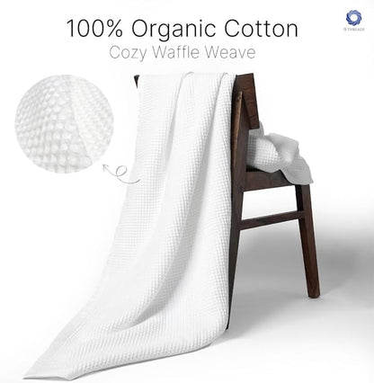 GOTS Certified Organic Cotton Waffle Weave Blanket, Queen Bed Size, 90"X90"Cozy Throw Blanket for Couch, Modern Home Decor, Throw Blankets, Comfy Waffle Blanket & Soft Bed Blankets -White