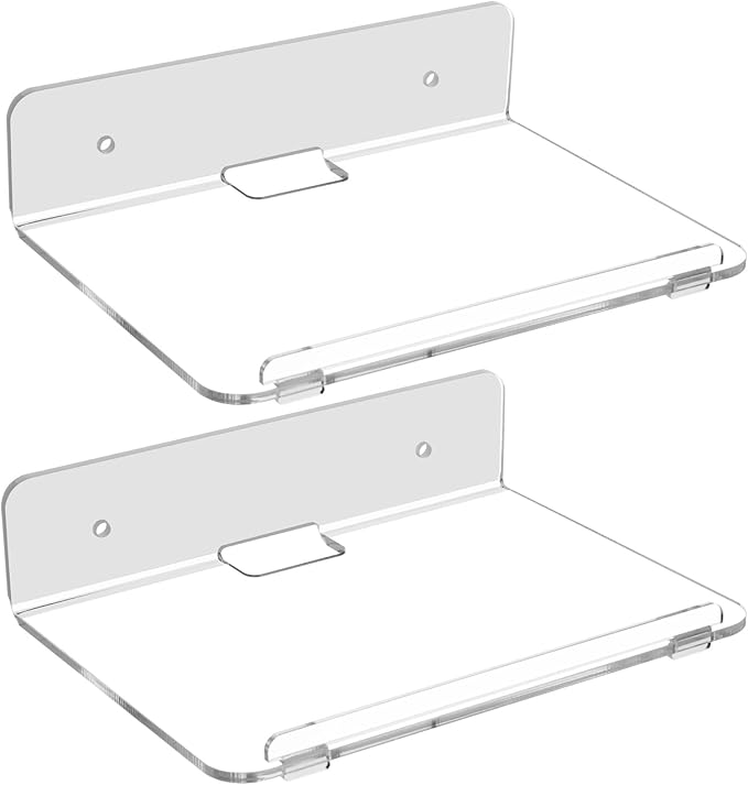 Cosmos Set of 2 Acrylic Floating Wall Shelves Hanging Shelves, Adhesive Wall Display Shelf Stand for Plant Pot, Speaker, Security Camera, Figures in Office and Home, 7.8 x 5.8 Inch (Transparent Clear)