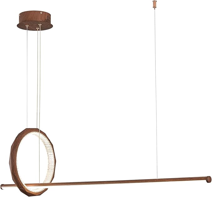 HEYAN 43" Farmhouse Pendant Light in Walnut Wood Finish, Light Fixtures Over Table，Single Multi-Faceted Metal Ring Long Linear Kitchen Island Lighting for Dining Room Table Coffee Bar Counter