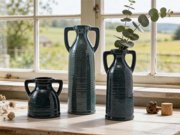 Ceramic Vase Set of 3 - Rustic Vases Set for Flower Centerpieces Pampas Grass - 3 Blue Bud Vase for Decor - Modern Decoration Terracotta Vases for Home Farmhouse Table Office, Mini Pottery Vase