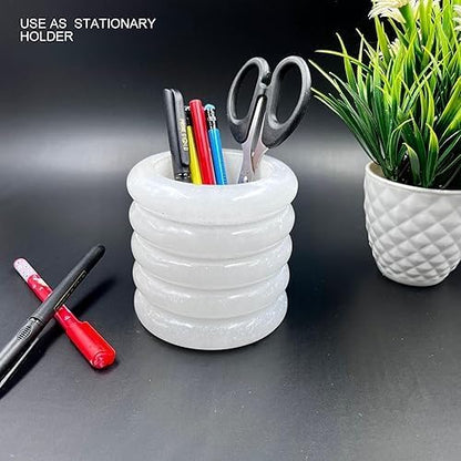 Décor Envogue 4x4" Scalloped Natural White Alabaster Stone Stationary holder Pencil Pen Holder Stand for Desk Utensil Holder Spoon Caddy Countertop Handmade kitchen Utensils set organizer