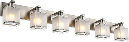 6-Lights Bathroom Vantiy Light Over Mirror, Modern Black Vanity Lighting Fixtures with Rectangular Frosted Glass Shades for Bath Kitchen Wall Mounted, E26 Bulb Base
