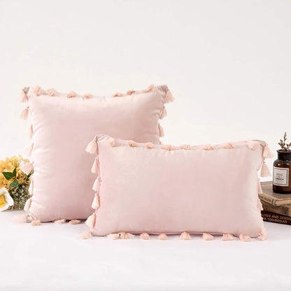vctops Velvet Soft Solid Decorative Throw Pillow Cover with Tassels Boho Accent Cushion Case for Couch Bedroom Car Pink 20''x20''