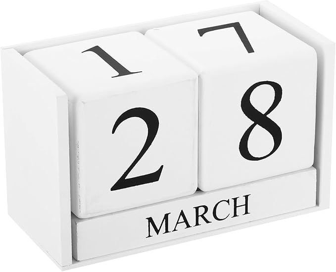PATIKIL Vintage Wood Block Perpetual Calendar, Reusable Wooden Month Date Display Blocks for Desk Office Home Decoration 6.1", White