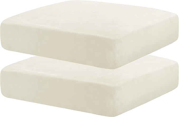 MAXIJIN Velvet Stretch Seat Cushion Covers Couch Cushion Cover for Individual Cushions Sofa Seat Cushion Slipcovers with Elastic Bottom (2 Piece Sofa Cushion Covers, Beige)