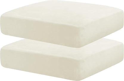 MAXIJIN Velvet Stretch Seat Cushion Covers Couch Cushion Cover for Individual Cushions Sofa Seat Cushion Slipcovers with Elastic Bottom (2 Piece Sofa Cushion Covers, Beige)