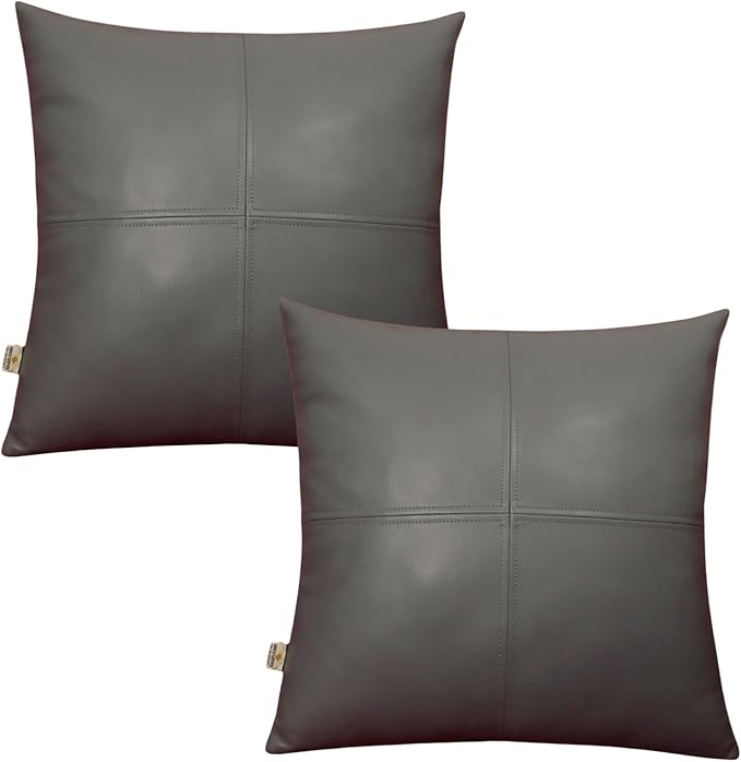 Lambskin Leather Pillow Cover, Hand Panel Stitched Leather Decorative Throw Pillow Covers for Couch Sofa Bed Living Room Garden (20x20 Inches, Grey Plain Pack of 2)