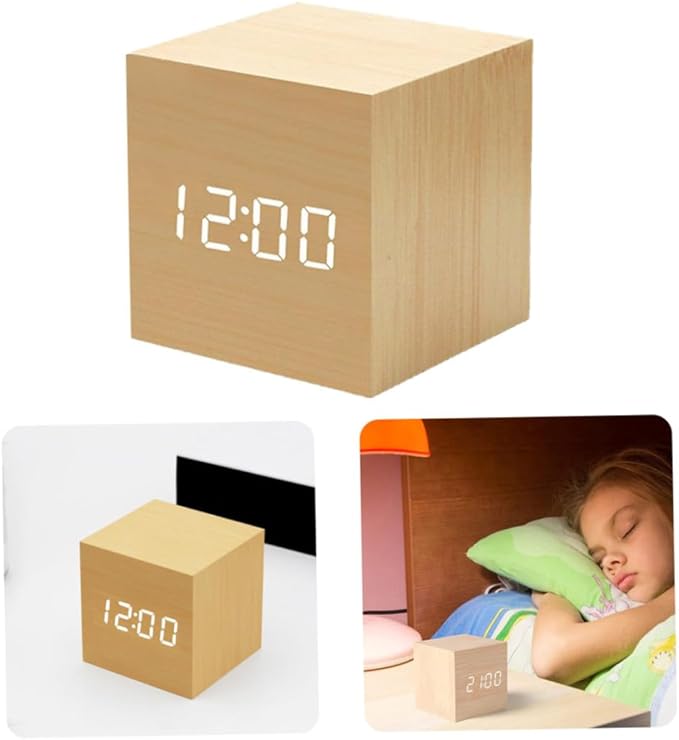 Digital Wooden Alarm Clock Bedrooms Clock with Temperature LED Display (No Battery) Wooden