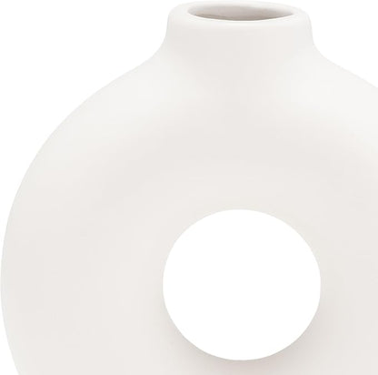 Decorative Flower Vase for Home Decor – Ceramic Modern Flower Vase With Donut Footed Design, Stylish Table Centerpiece for Living Room or Entry Display, Modern for Faux Flowers – 7", White