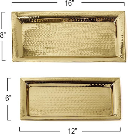 Gold Hammered Trays - 2 Pack Rectangle Platters - Large & Medium Serving Tray - Stainless Steel, Gold, Rectangular, Stackable