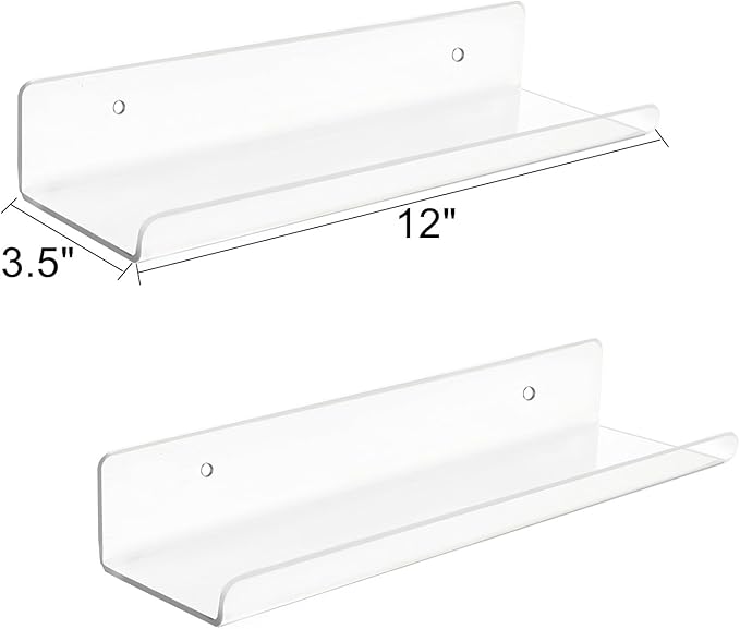 ROYALITA Small Acrylic Shelves Wall Mounted | Set of 2 | 12 Inches | Wall Hanging Plant Display Shelves, Room Decor Floating Wall Shelves for Gaming Room Bedroom, Living Room, Office, Clear