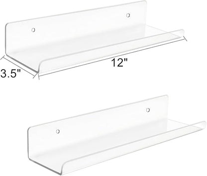 ROYALITA Small Acrylic Shelves Wall Mounted | Set of 2 | 12 Inches | Wall Hanging Plant Display Shelves, Room Decor Floating Wall Shelves for Gaming Room Bedroom, Living Room, Office, Clear