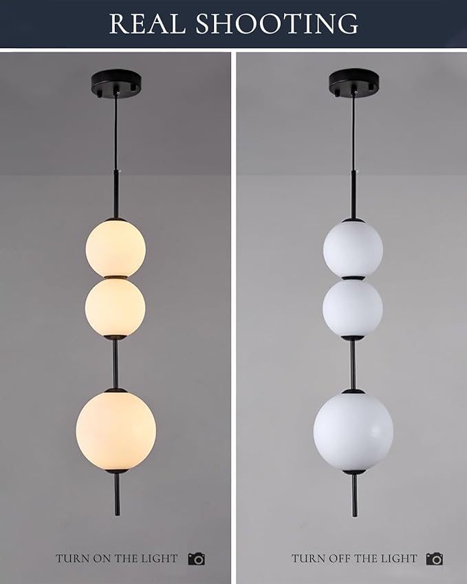Modern LED Island Chandelier, White Acrylic Spherical Pendant Light, 30W Dimmable Black Ceiling Light, Adjustable Hanging Light Fixture, Suitable for Kitchen Island Dining Room Bedroom Living Room