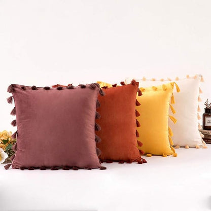 vctops Velvet Soft Solid Decorative Throw Pillow Cover with Tassels Boho Accent Cushion Case for Couch Bedroom Car Yellow 20''x20''