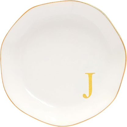 Ceramic Jewelry Tray Initial Ring Dish Personalized J-Monogrammed Engagement Wedding Gifts, for Birthday Mother's Day Christmas for Women, Ceramic White 4.75" (J)
