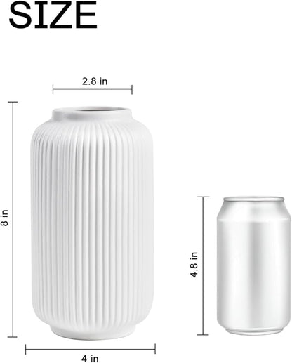 Matte White Ceramic Flower Vase, 8 Inch Ribbed Vase for Pampas Grass, Fresh or Dried Flowers, Decorative Centerpiece for Living Room, Kitchen, Bookshelf, Office Decor