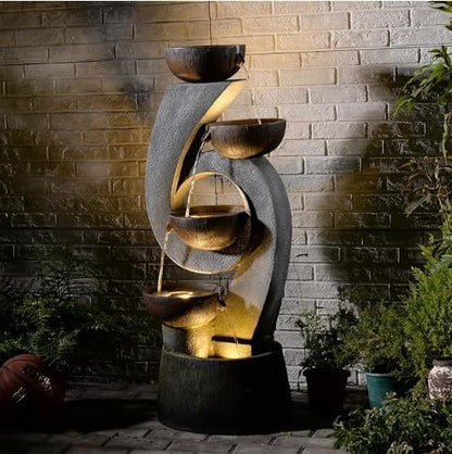 46.8”H Outdoor Water Fountain with Lights, Multi-Tier Bowl Cascading Water Feature, Tall Stacked Bowl Waterfall Freestanding Resin Garden Fountain for Patio Yard Balcony Porch