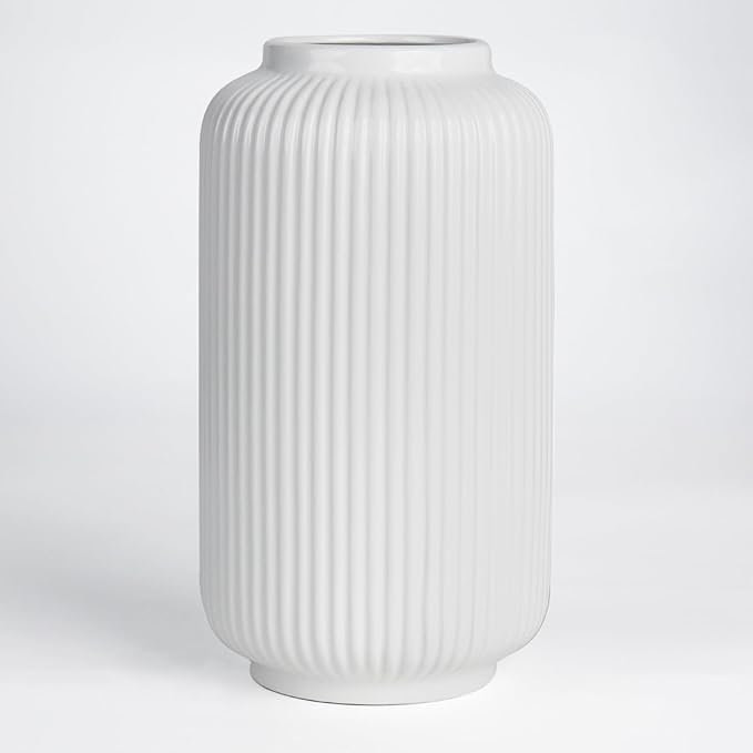 White Ceramic Flower Vase, 8 Inch Ribbed Vase for Pampas Grass, Fresh or Dried Flowers, Decorative Centerpiece for Living Room, Kitchen, Bookshelf, Office Decor