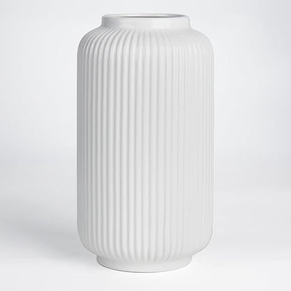 White Ceramic Flower Vase, 8 Inch Ribbed Vase for Pampas Grass, Fresh or Dried Flowers, Decorative Centerpiece for Living Room, Kitchen, Bookshelf, Office Decor