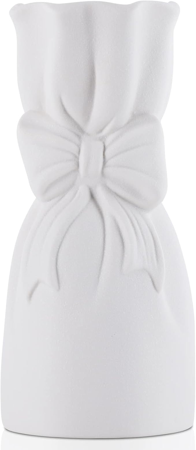 Frosted Porcelain Floral Handmade Vases,Frosted Ceramic vases,Geometric Ceramic Flower Vase for Modern Home Decoration and high-end Wedding,Matte Frosted Texture Bud Flower Vase (Bowknot Vase)