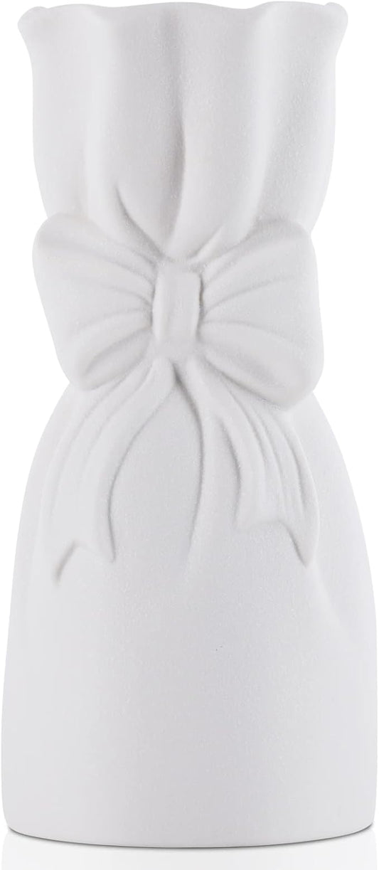 Frosted Porcelain Floral Handmade Vases,Frosted Ceramic vases,Geometric Ceramic Flower Vase for Modern Home Decoration and high-end Wedding,Matte Frosted Texture Bud Flower Vase (Bowknot Vase)