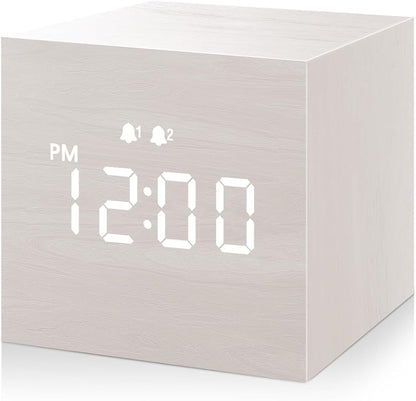 Digital Alarm Clock, with Wooden Electronic LED Time Display, 3 Alarm, 2.5-inch Cubic Small Mini Wood Made Electric Clocks for Bedroom, Bedside, Desk, White