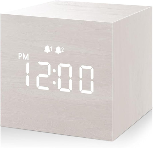 Digital Alarm Clock, with Wooden Electronic LED Time Display, 3 Alarm, 2.5-inch Cubic Small Mini Wood Made Electric Clocks for Bedroom, Bedside, Desk, White