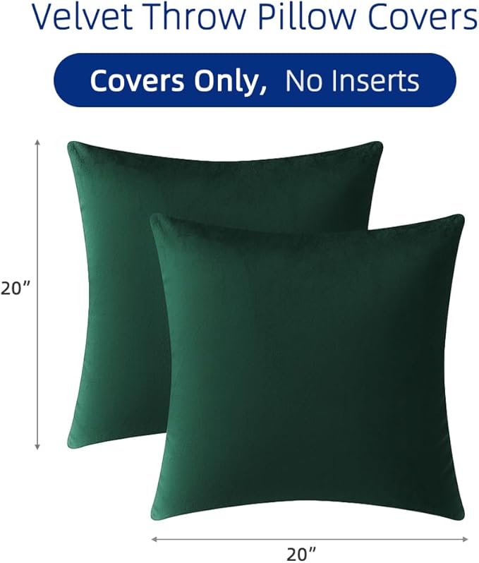 QUORGVES Green Velvet Pillow Covers 20x20 Inch Set of 2, Soft Solid Decorative Square Throw Pillow Covers, Decor Cushion Covers for Bed Sofa Couch Bedroom Living Room - Dark Forest Hunter Emerald
