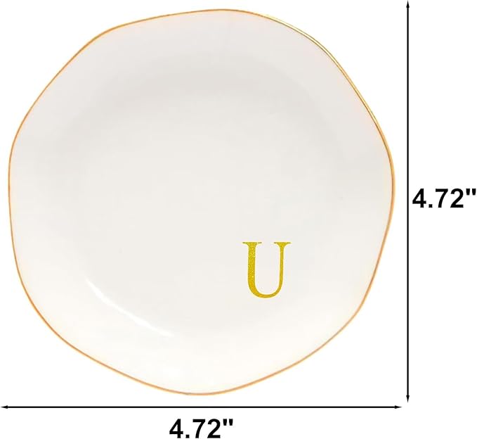 Ceramic Jewelry Tray Initial Ring Dish Personalized E-Monogrammed Engagement Wedding Gifts, for Birthday Mother's Day Christmas for Women, Ceramic White 4.75" (U)