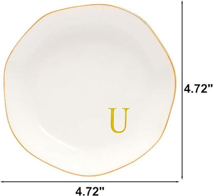 Ceramic Jewelry Tray Initial Ring Dish Personalized E-Monogrammed Engagement Wedding Gifts, for Birthday Mother's Day Christmas for Women, Ceramic White 4.75" (U)