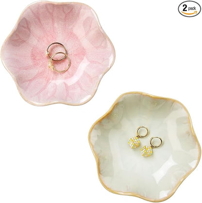 2PCS Lotus Leaf Shape Ring Holder Dish, Small Key Bowl, Ceramic Trinket Tray Jewelry Dish Organizing Necklace Earrings for Mom Friend Sister, All Jewelries Are NOT Included.Pink+Light Green.…