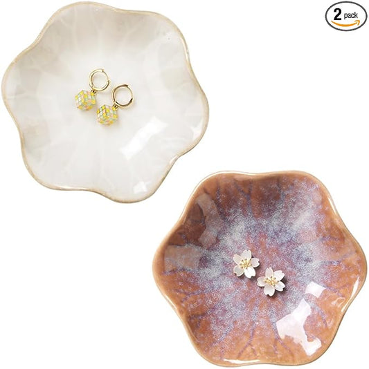 2PCS Lotus Leaf Shape Ring Holder Dish, Small Key Bowl, Ceramic Trinket Tray Jewelry Dish Organizing Necklace Earrings for Mom Friend Sister, All Jewelries Are NOT Included. White+Purple.